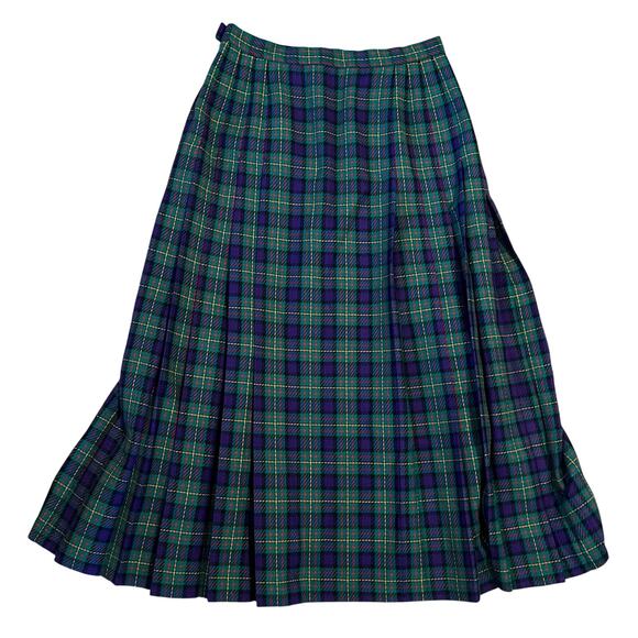Vintage 1960s Pendleton 100% Wool Pleated Green & Purple Midi Skirt Size 6 - Picture 2 of 4
